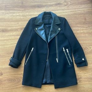 Black Long line motorcycle inspired coat.lamb skin leather collar zipper details